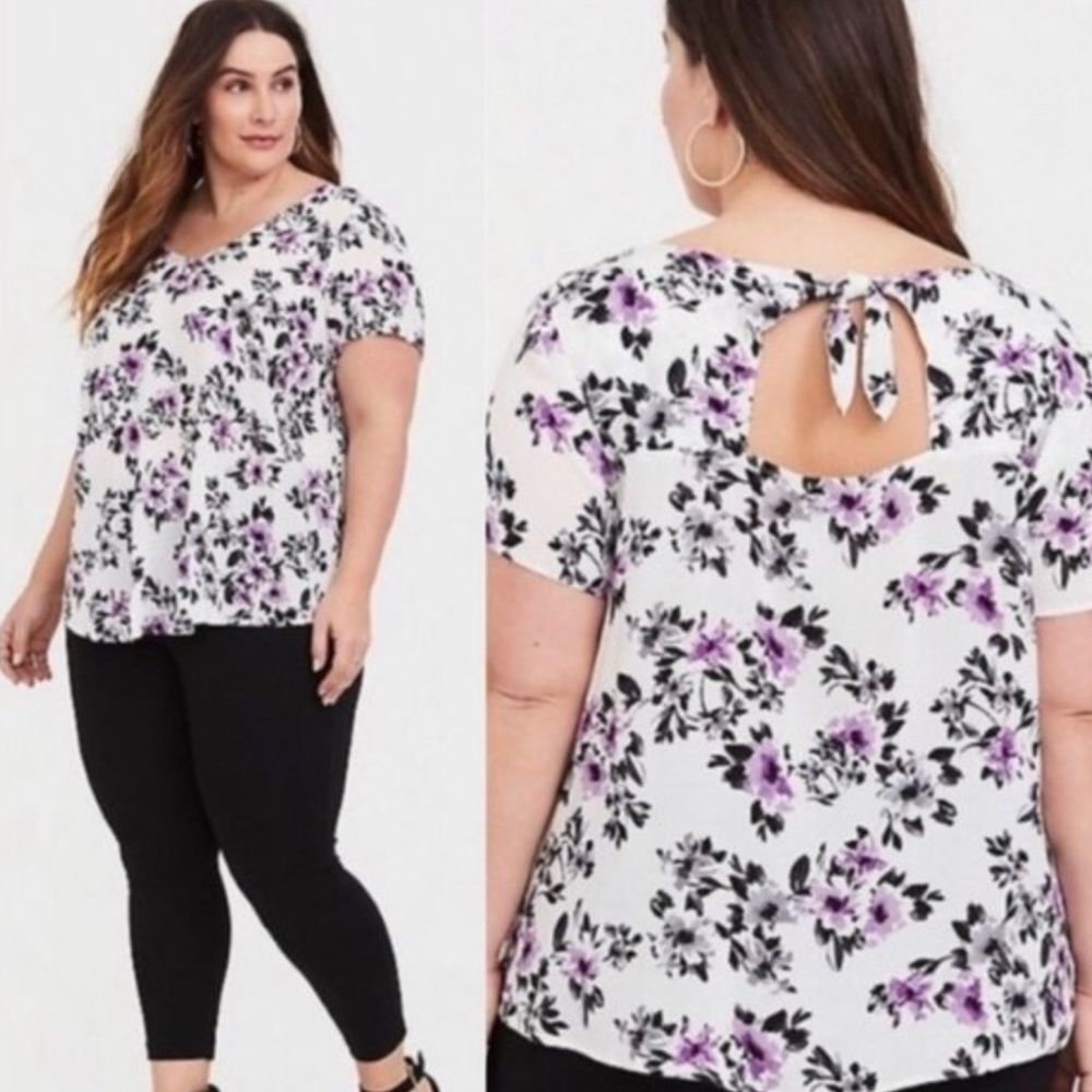Torrid Rayon Abbey White Floral Challis Bow Back Keyhole V-neck Blouse